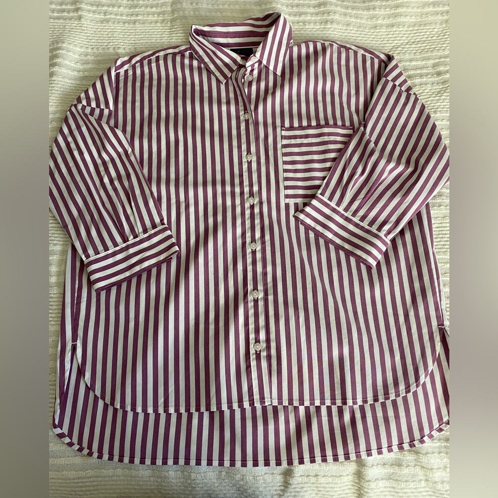 J. Jill Burgundy and White Striped Button Down Shirt - Size M